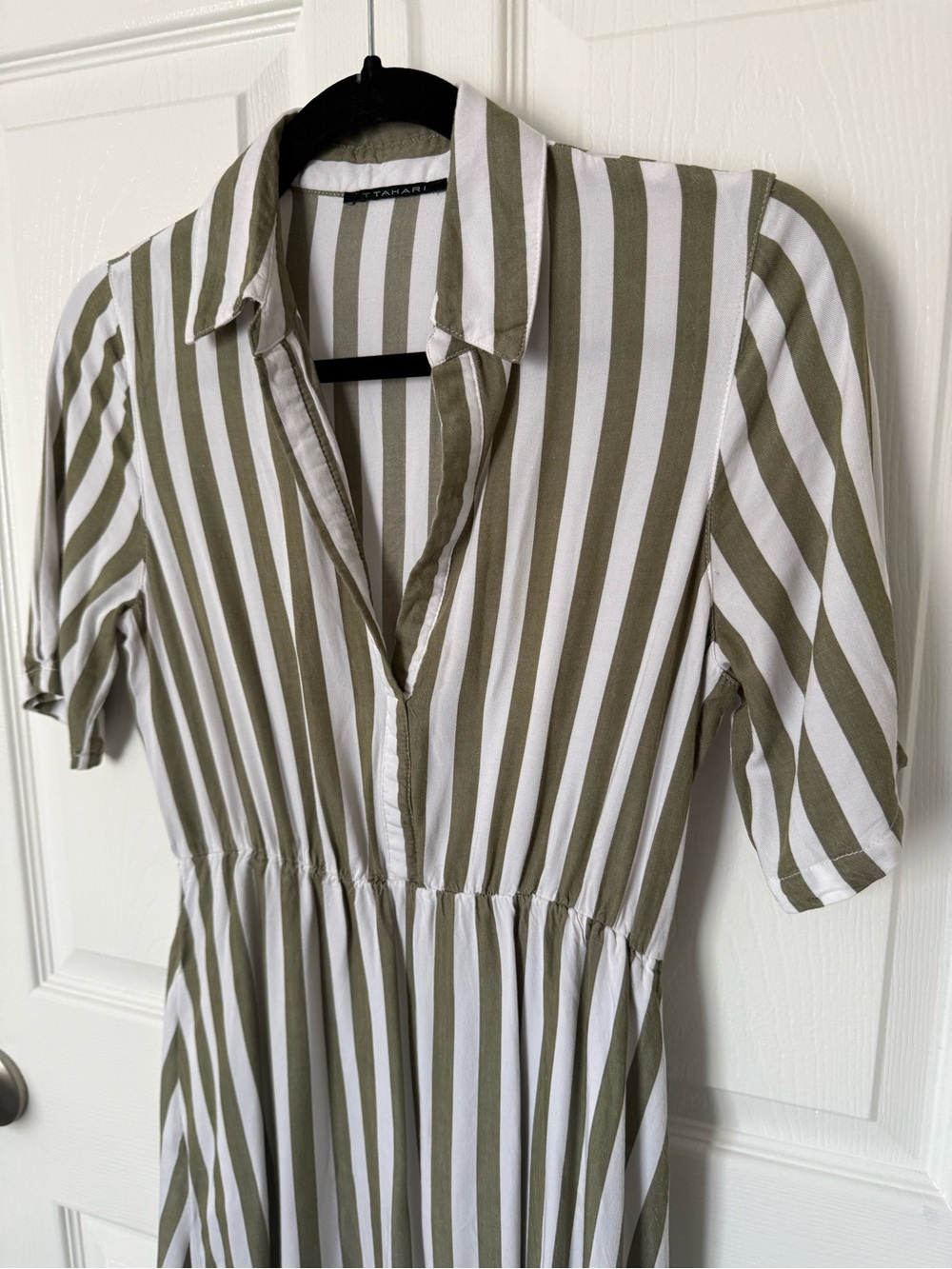 T Tahari Olive and White Stripped Belted Shirtdress
